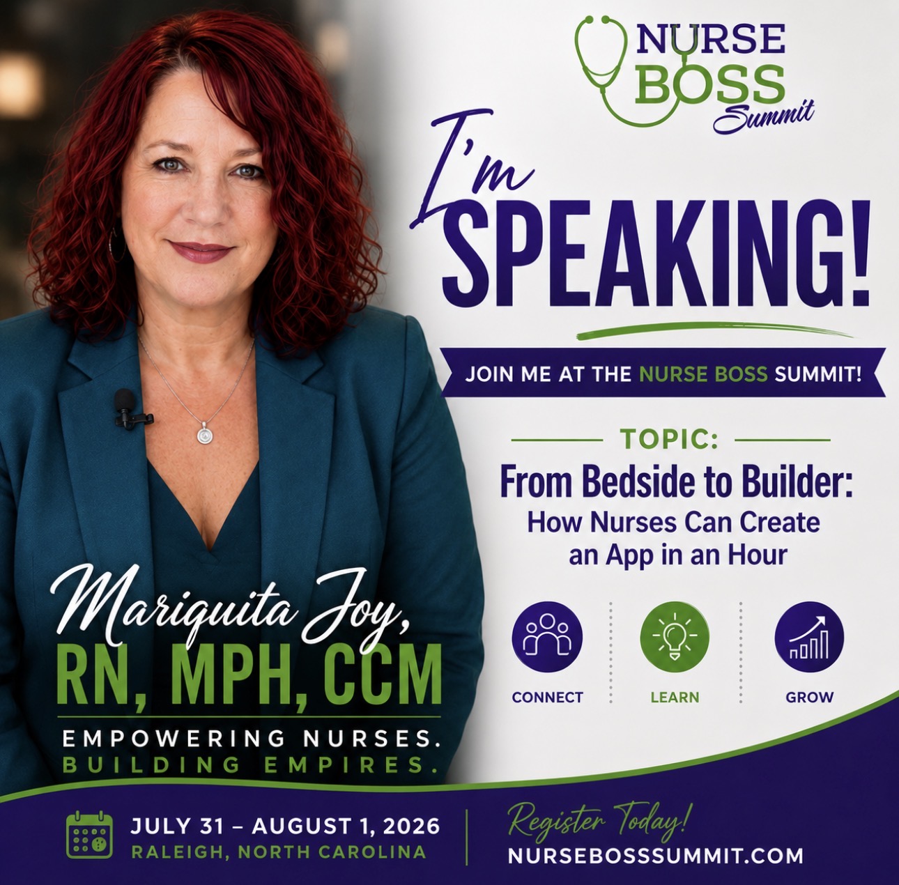 Mariquita Joy speaking at Nurse Boss Summit 2026 — From Bedside to Builder keynote in Raleigh, North Carolina